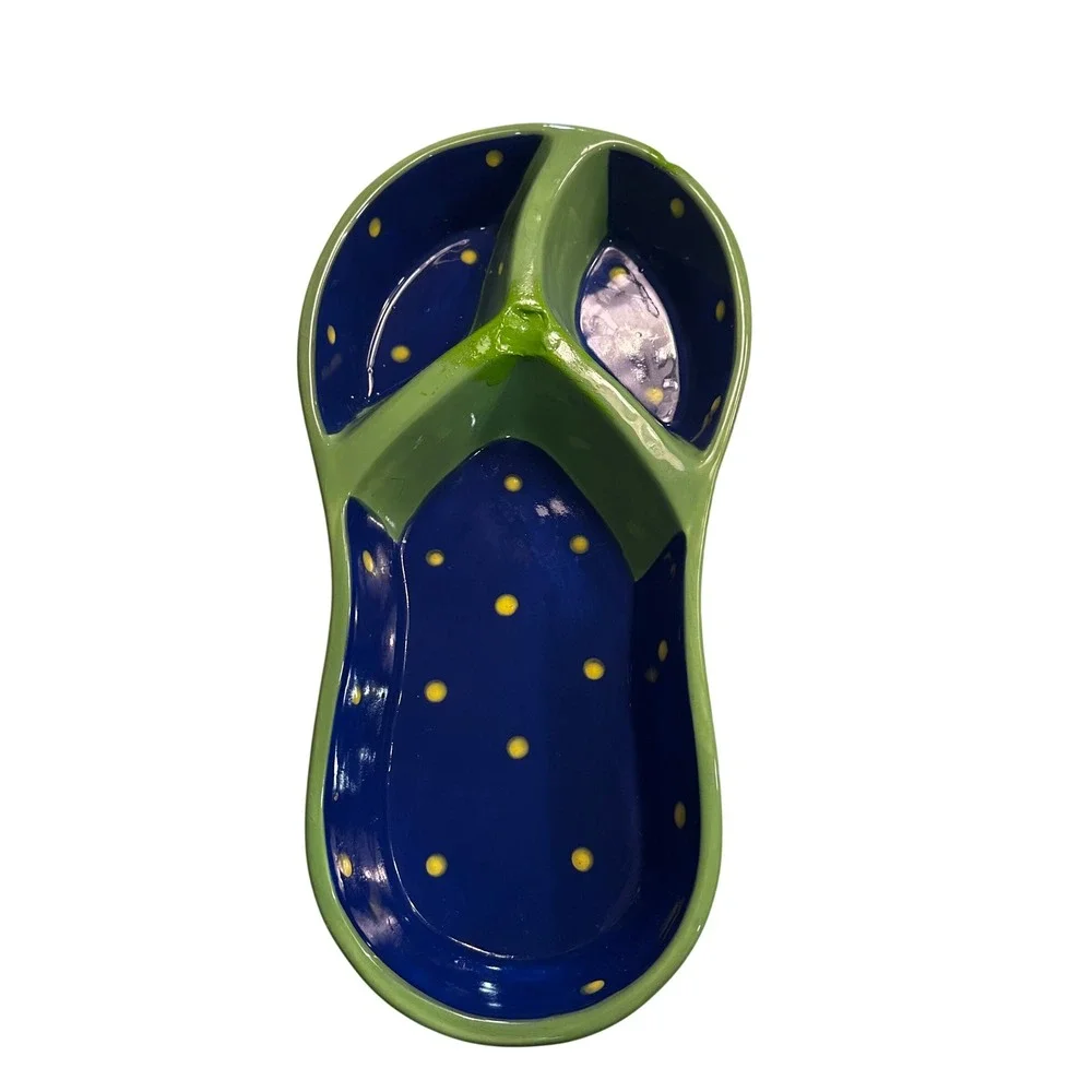 Denniseast Ceramic Flip Flop‎ Divided Serving Dish Blue Yellow Dots Green